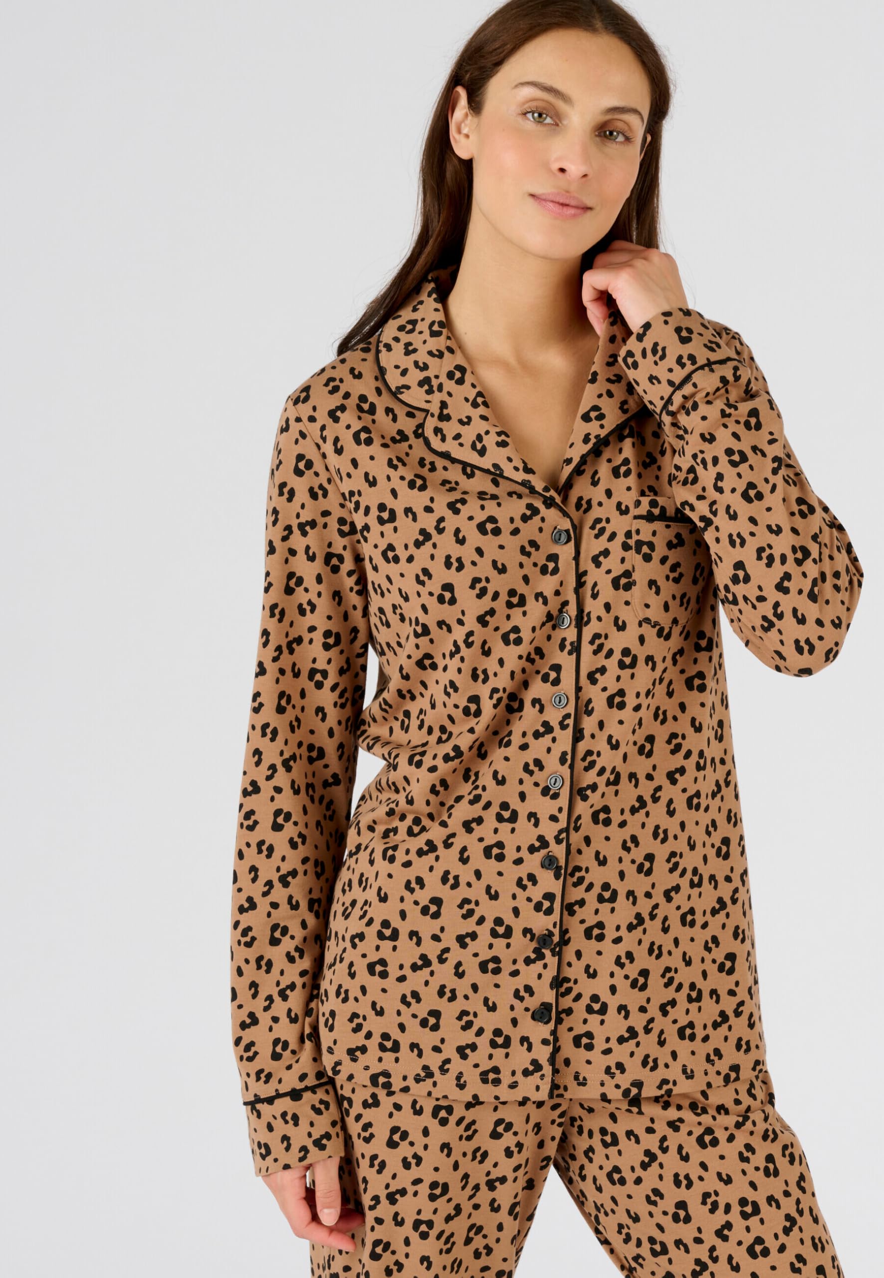 Damart Homewear Pigiama da donna con bottoni Thermolactyl XS marrone beige animale caldo