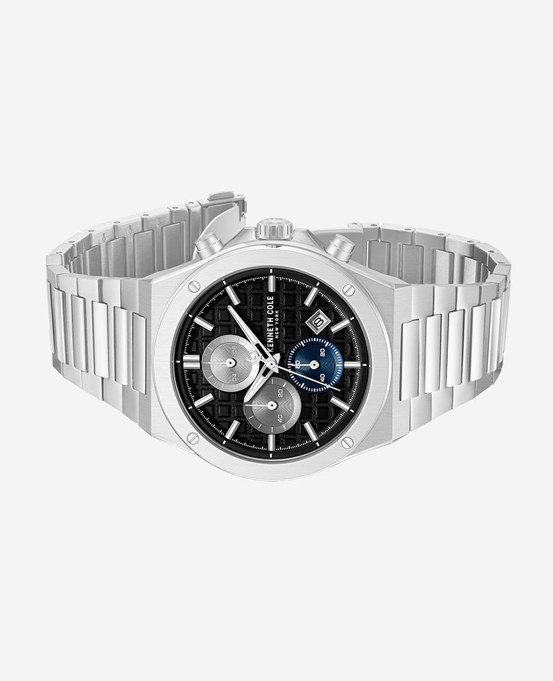 Kenneth Cole Reaction Watches Dress Sport Chronograph Black Dial Stainless Steel Bracelet Watch orologio Silver