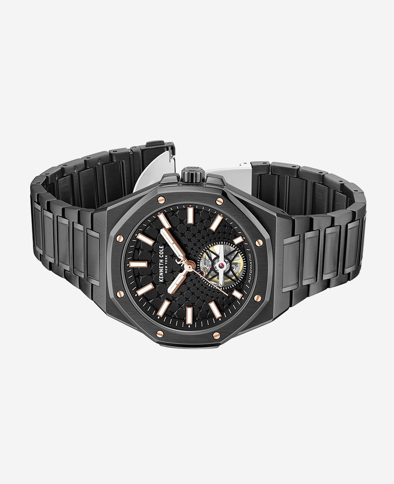 Kenneth Cole Reaction Watches Skeleton Automatic Black Rose Gold Stainless Steel Bracelet Watch orologio automatico nero