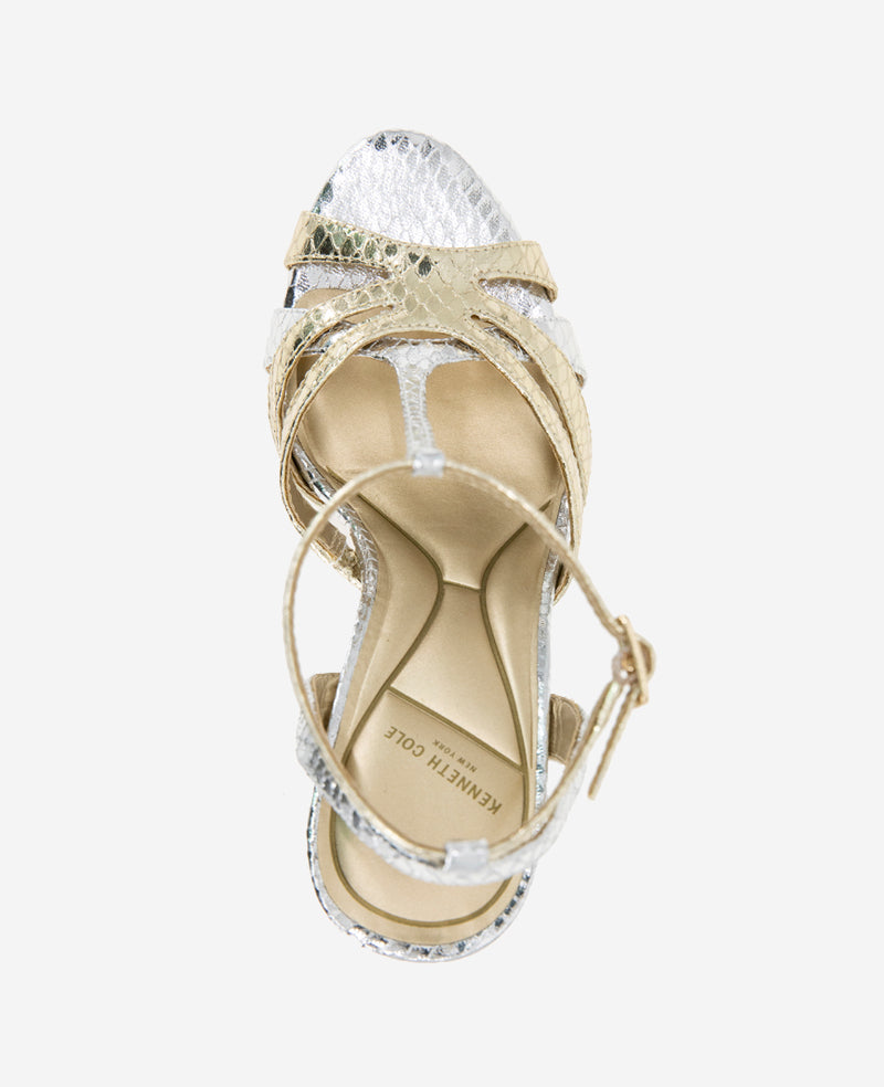 Kenneth Cole Reaction Shoes Liona Metallic Embossed Snake Heel sandali argento/oro 5 tacco 9,9 cm