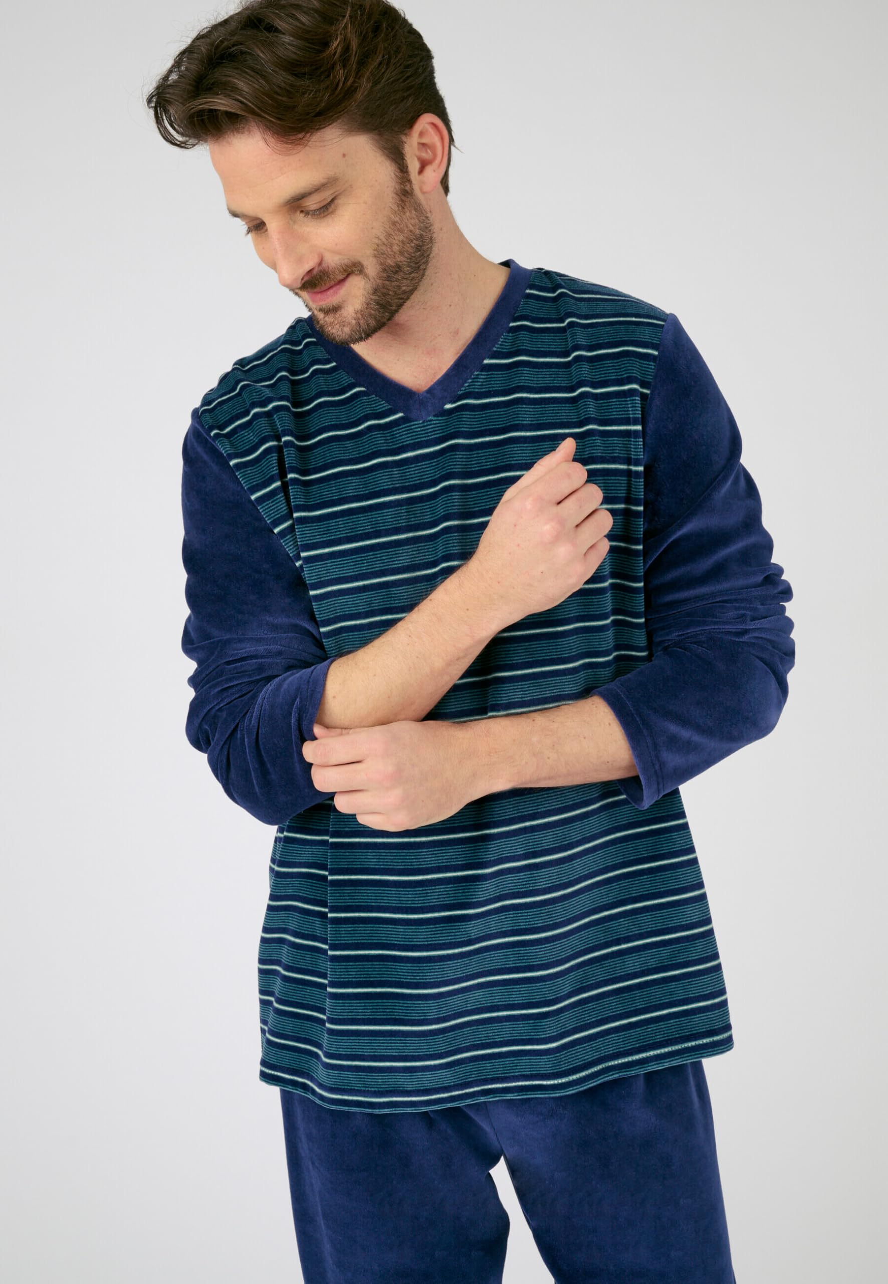 Damart Homewear pigiama uomo scollo a V a righe velluto blu scuro S