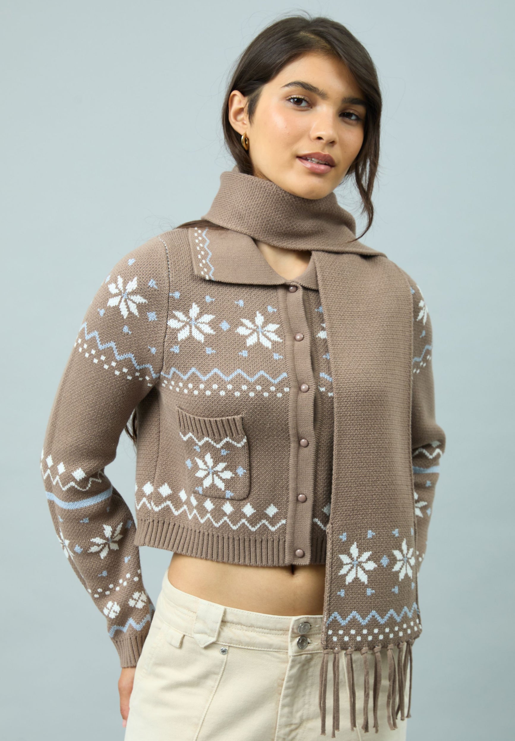House Of Sunny Women's Knitwear FAIRAISLE TRIPPER cardigan UK 6–18 con sciarpa