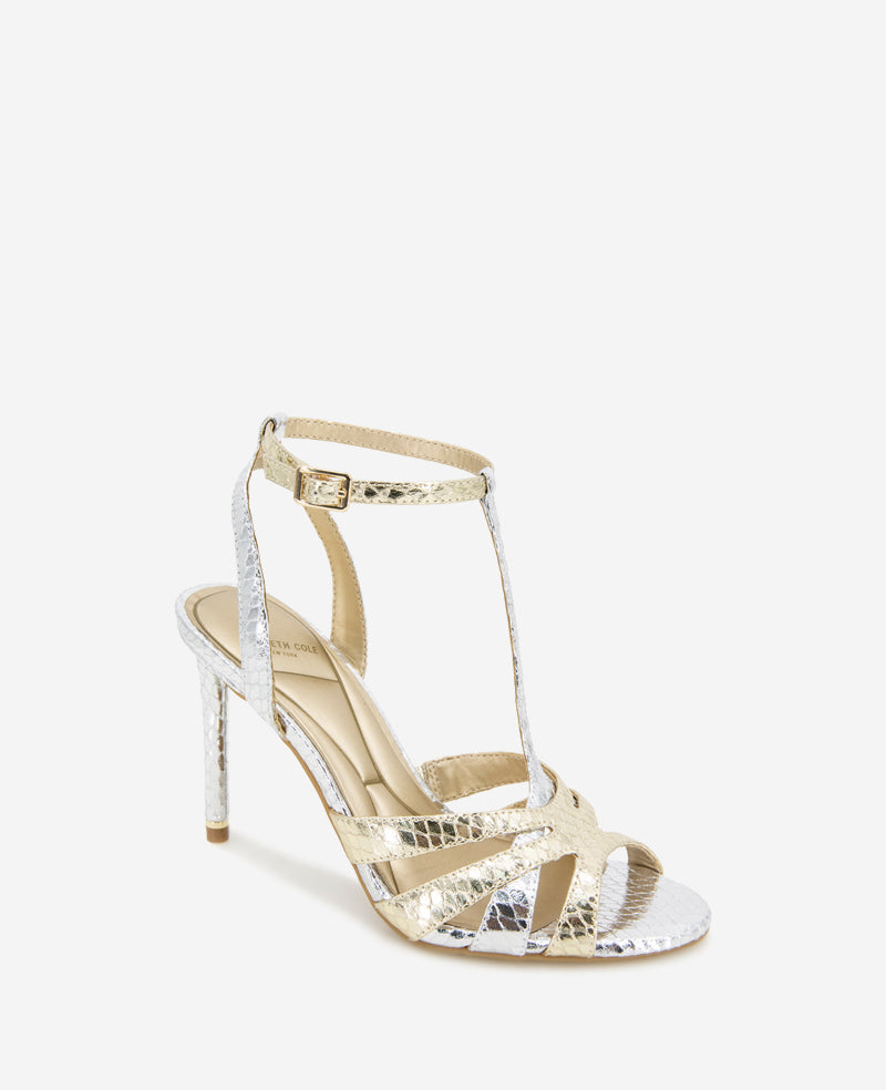 Kenneth Cole Reaction Shoes Liona Metallic Embossed Snake Heel sandali argento/oro 5 tacco 9,9 cm