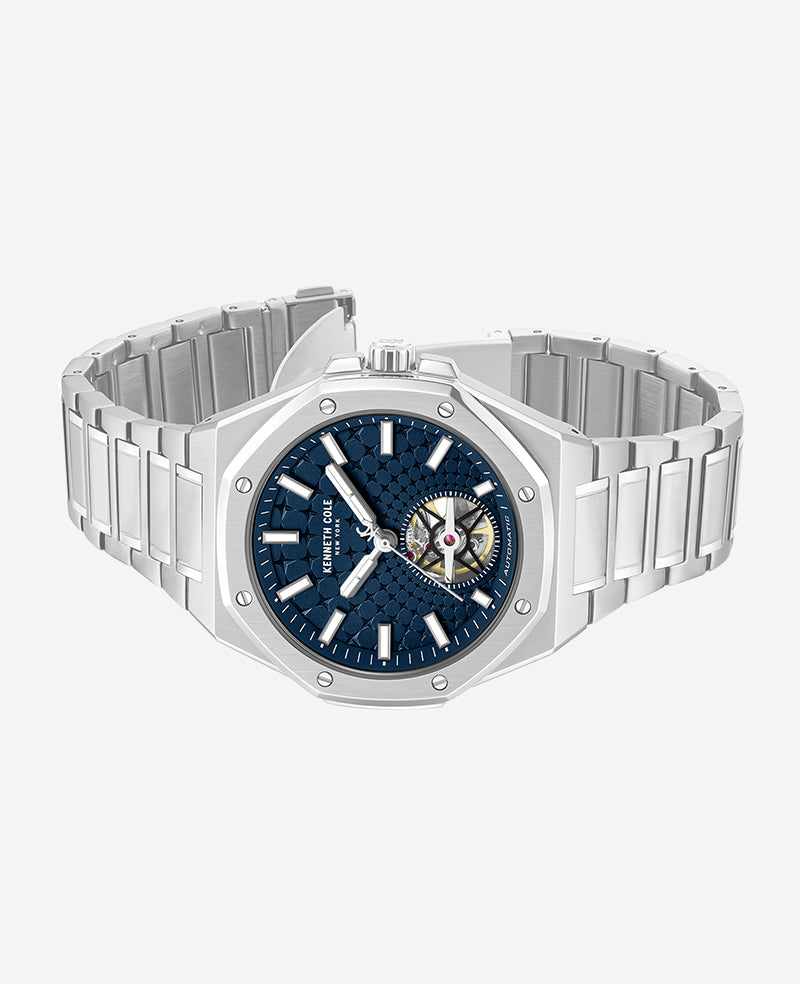 Kenneth Cole Reaction Watches Skeleton Automatic Blue Dial Stainless Steel Bracelet Watch argento