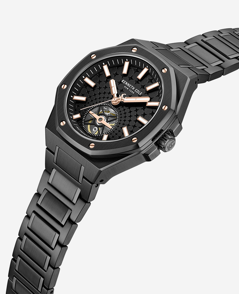 Kenneth Cole Reaction Watches Skeleton Automatic Black Rose Gold Stainless Steel Bracelet Watch orologio automatico nero