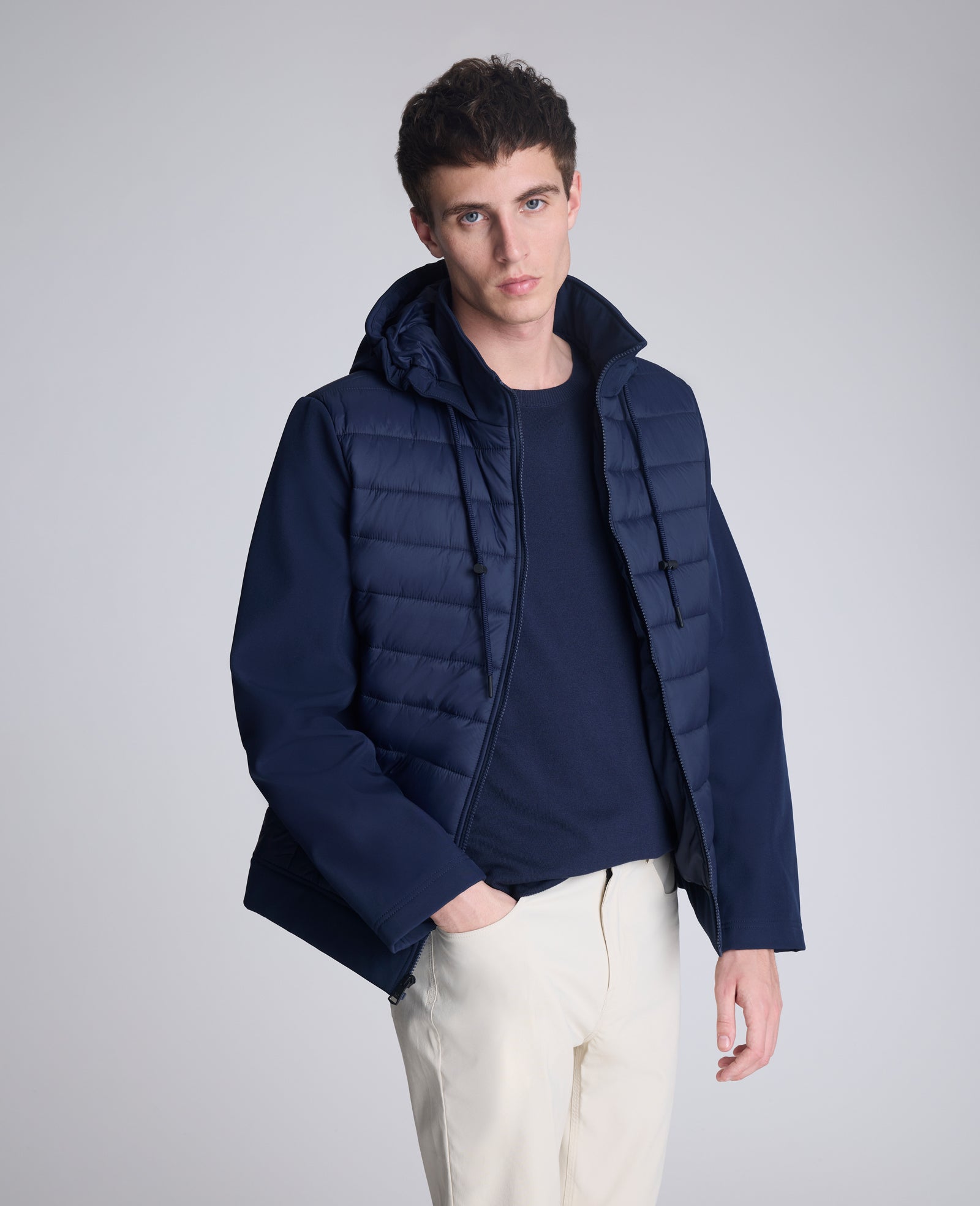 Kenneth Cole Reaction Mixed Media Hooded Soft Shell Jacket giacca blu navy imbottita