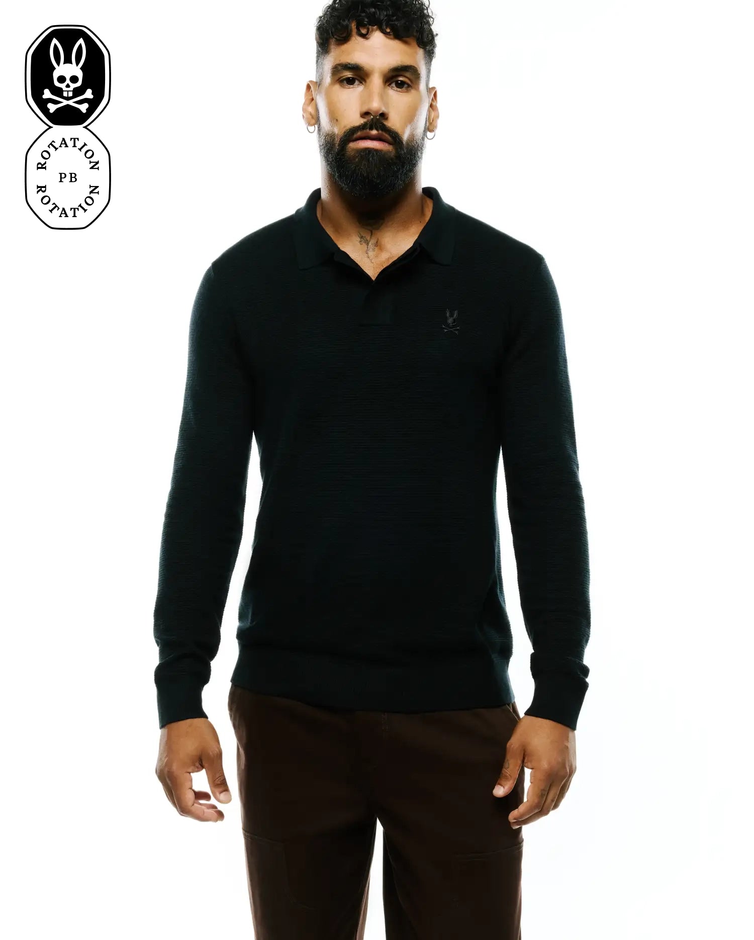 Psycho Bunny Men's Polos Men's Leroy Long Sleeve Knit Polo polo nera maglia
