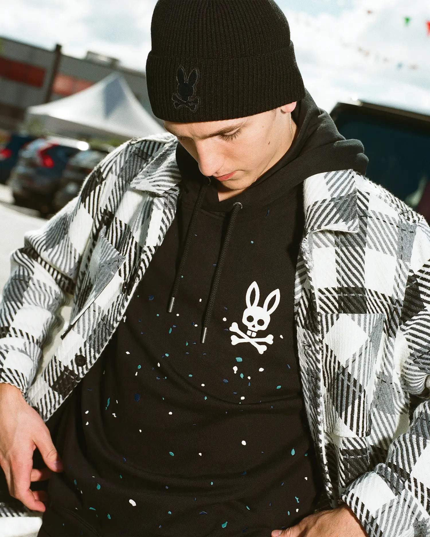 Psycho Bunny Men's Sweatshirts & Hoodies Malcolm Splatter Hoodie felpa nera ricamata