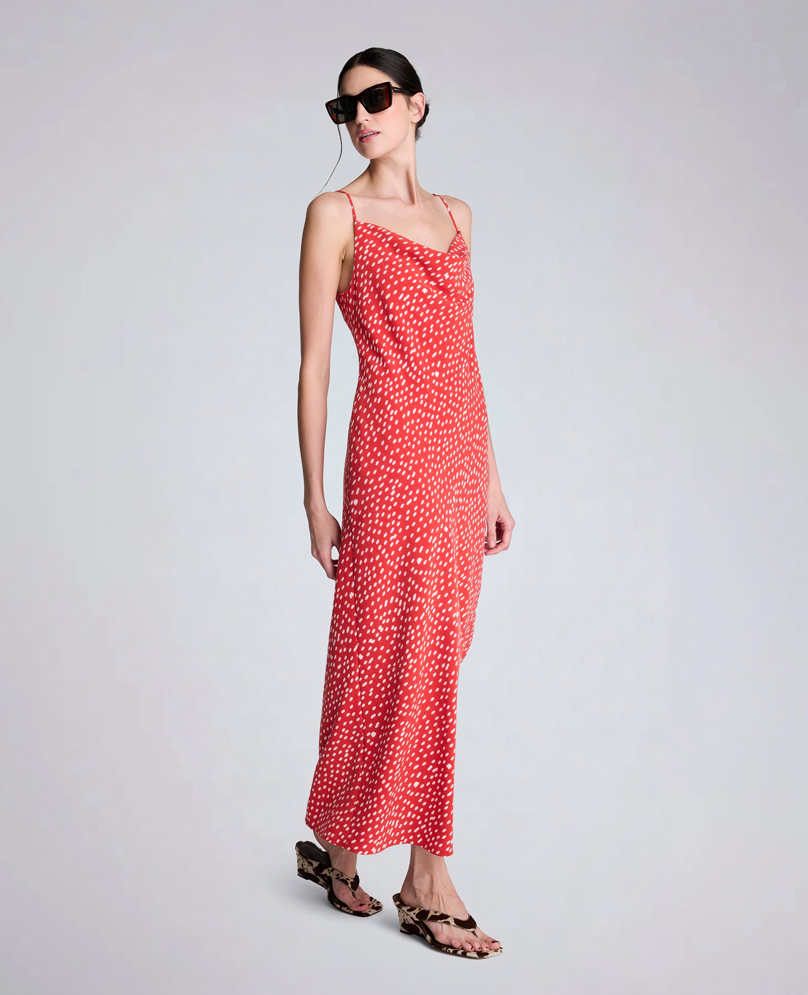 Kenneth Cole Reaction Clothing Polka Dot Satin Cowl Neck Slip Dress abito lungo