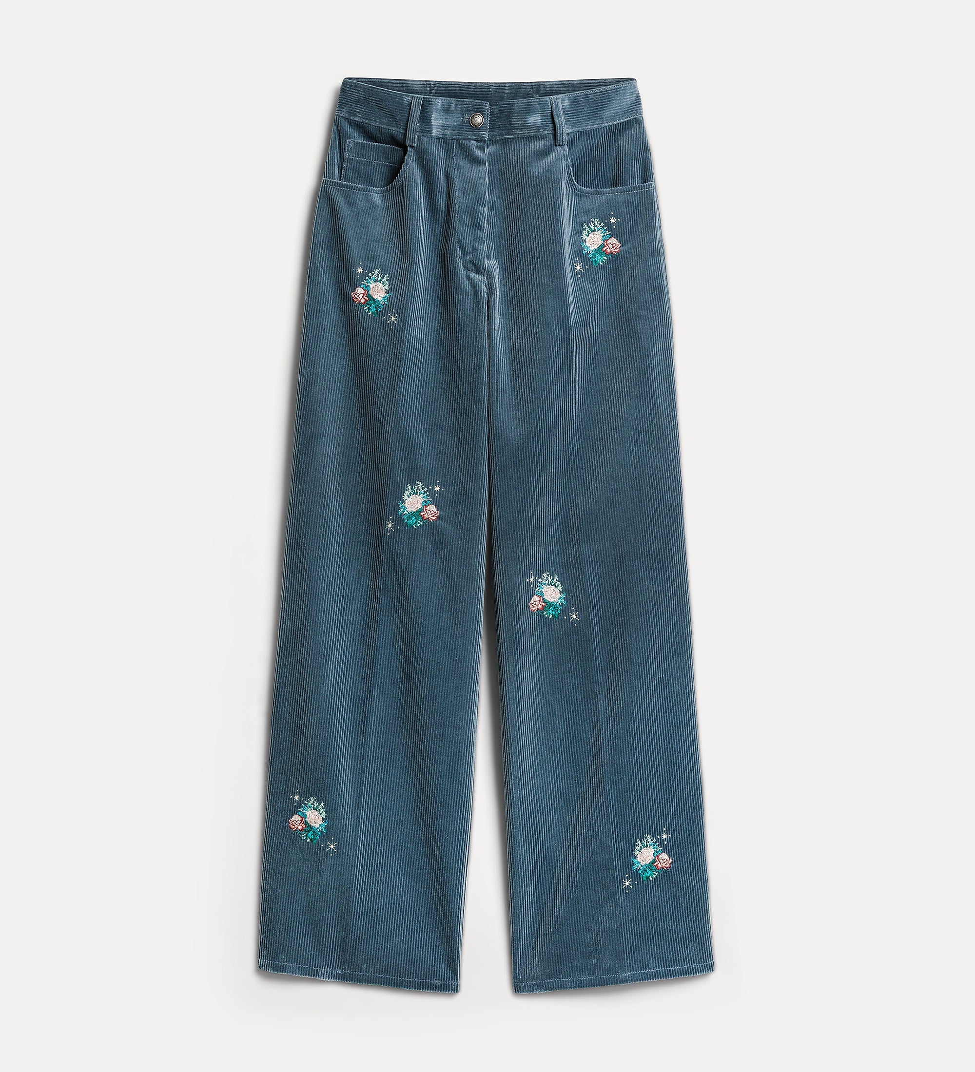 Forte pantaloni Bouquet pantaloni a coste grigi ricamati