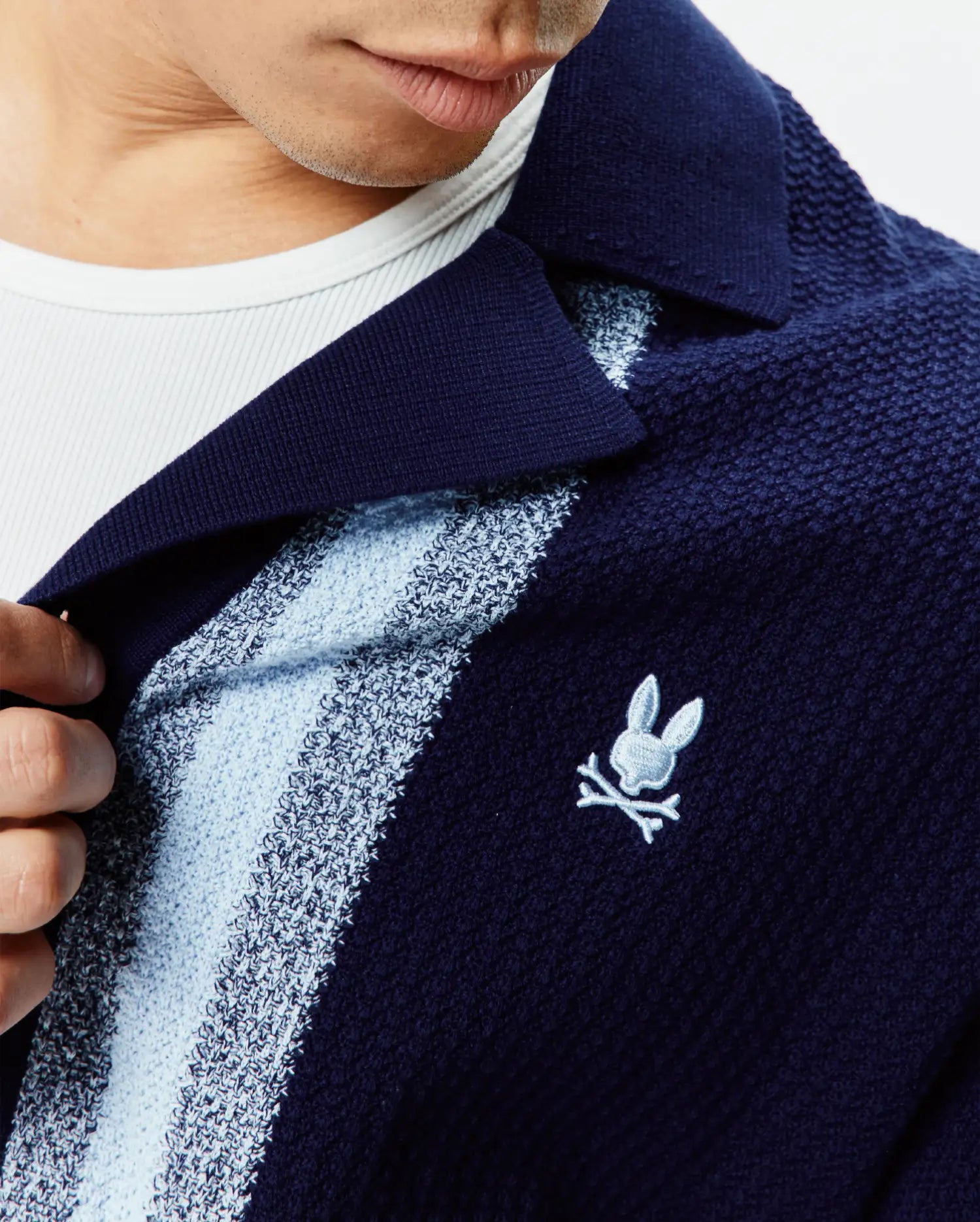 Psycho Bunny Men's Shirts Giles Relaxed Fit Border Knit Shirt camicia blu in maglia