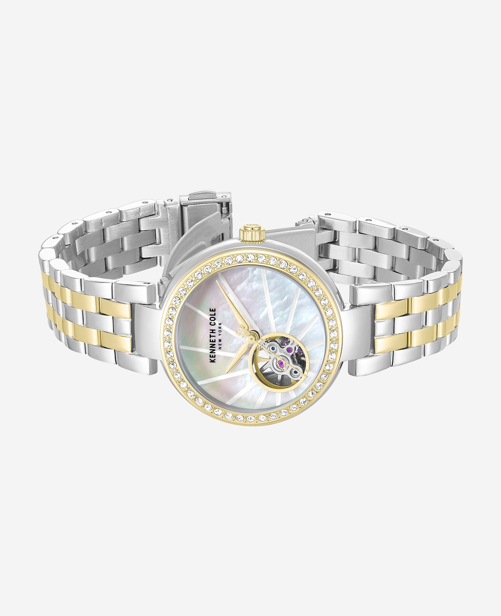 Kenneth Cole Reaction Watches Open Heart Automatic Crystal Lined MOP Dial Two Tone Bracelet Watch