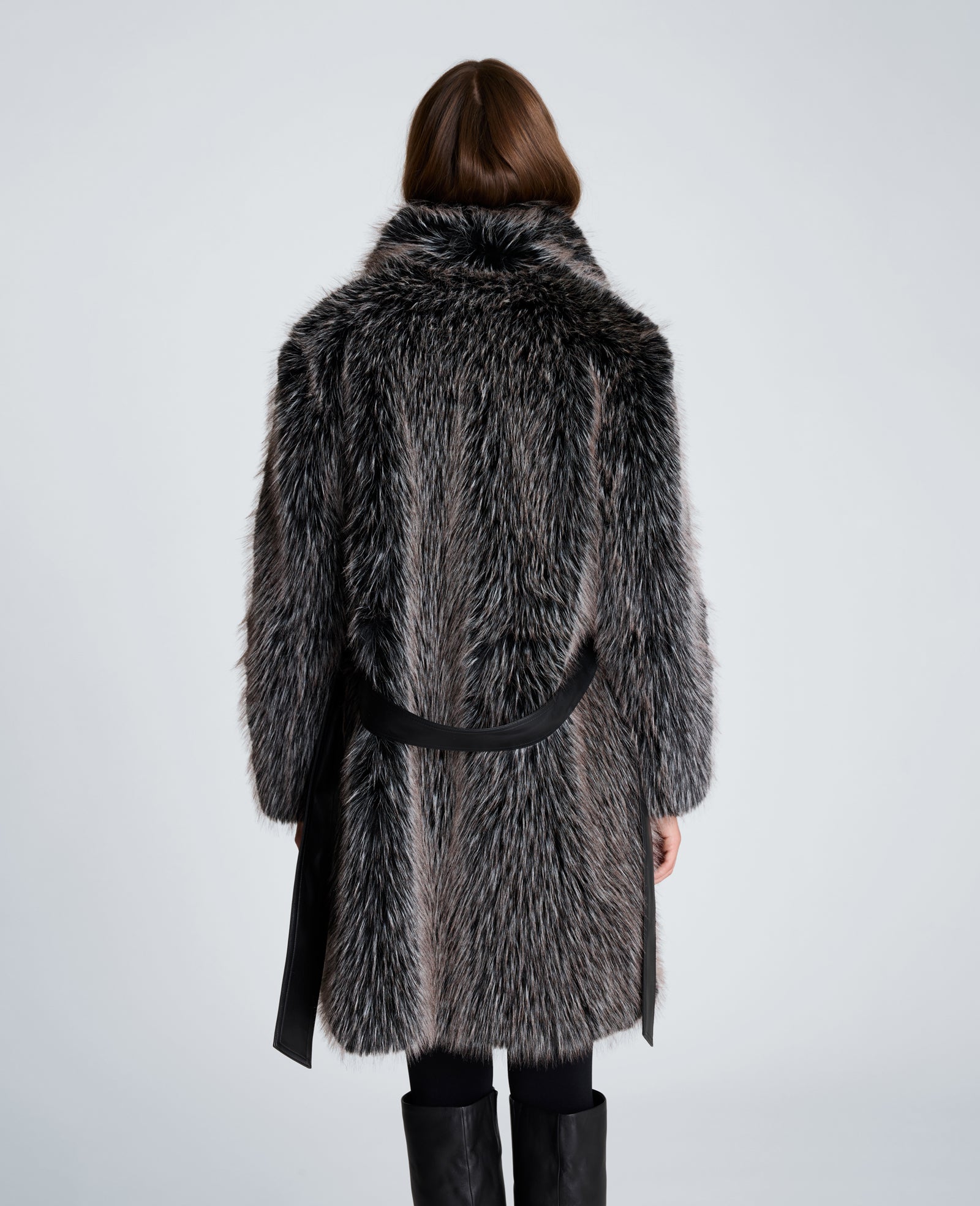 Kenneth Cole Reaction Clothing Midi Fur Jacket with Contrast Belt giacca nera ecopelliccia