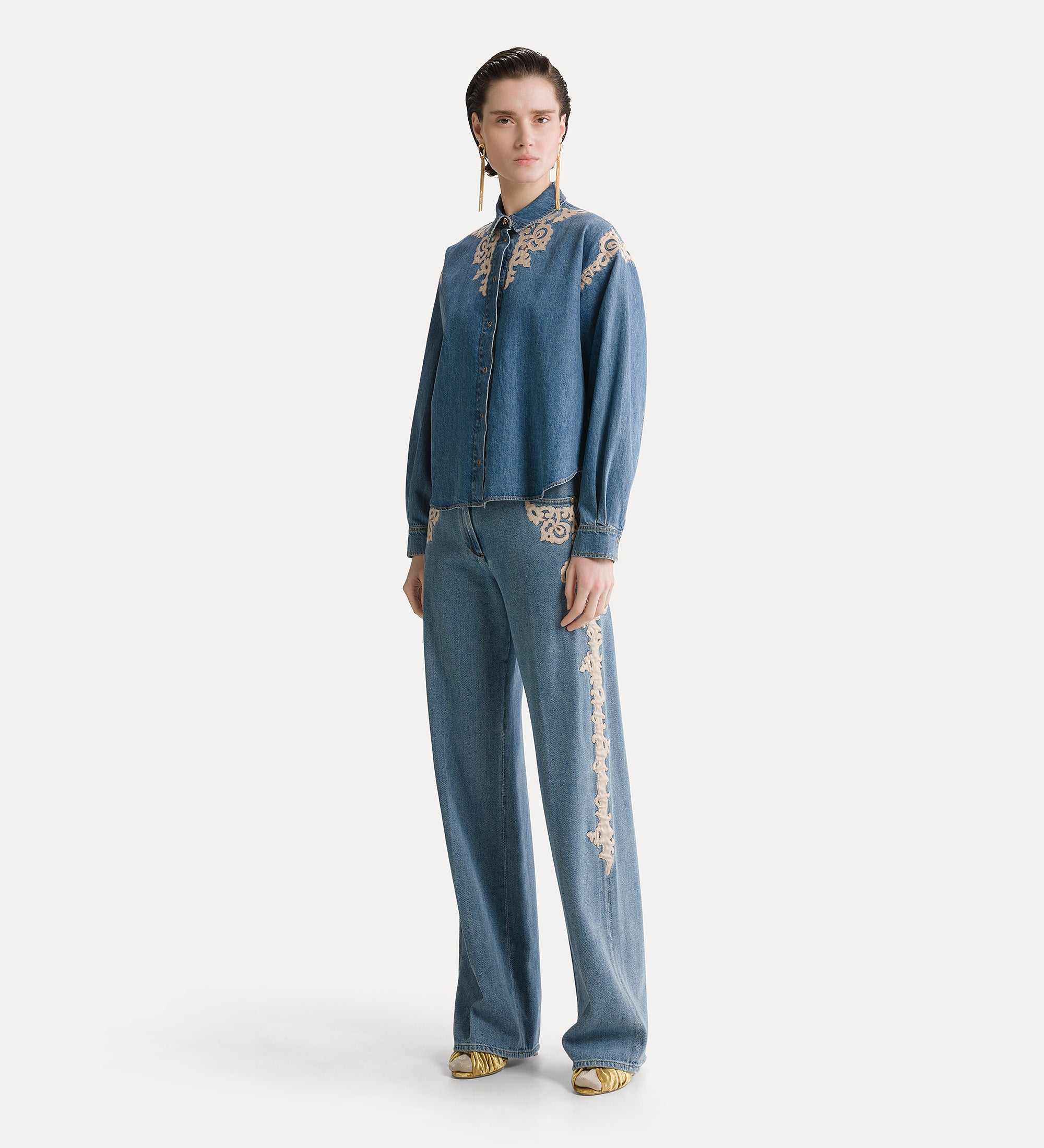Forte pantaloni high-waisted embroidered 5-pocket trousers in cavalry denim celeste pantaloni denim vita alta