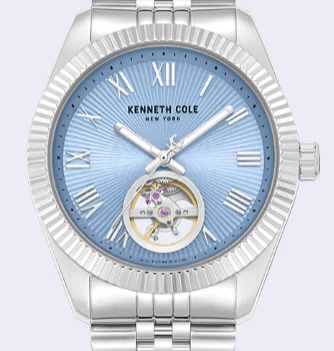 Kenneth Cole Reaction Watches Open Heart Automatic Bracelet Watch orologio automatico argento quadrante azzurro