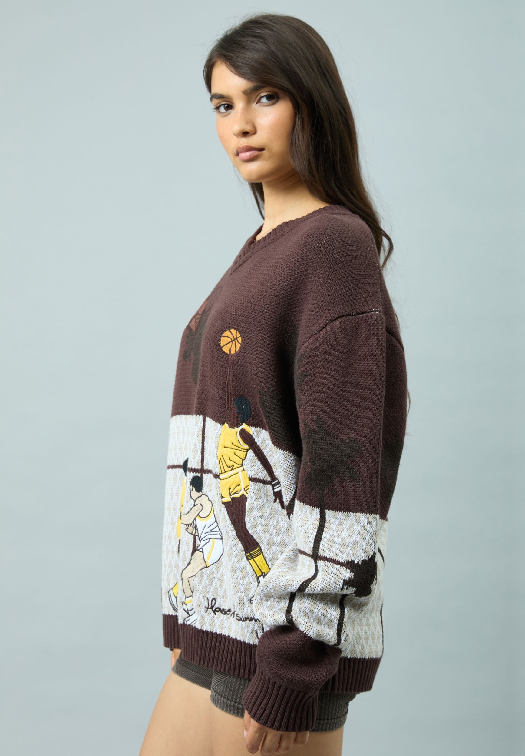 House Of Sunny Women's Knitwear SLAM DUNK WEST maglione jacquard marrone taglie UK S-XL
