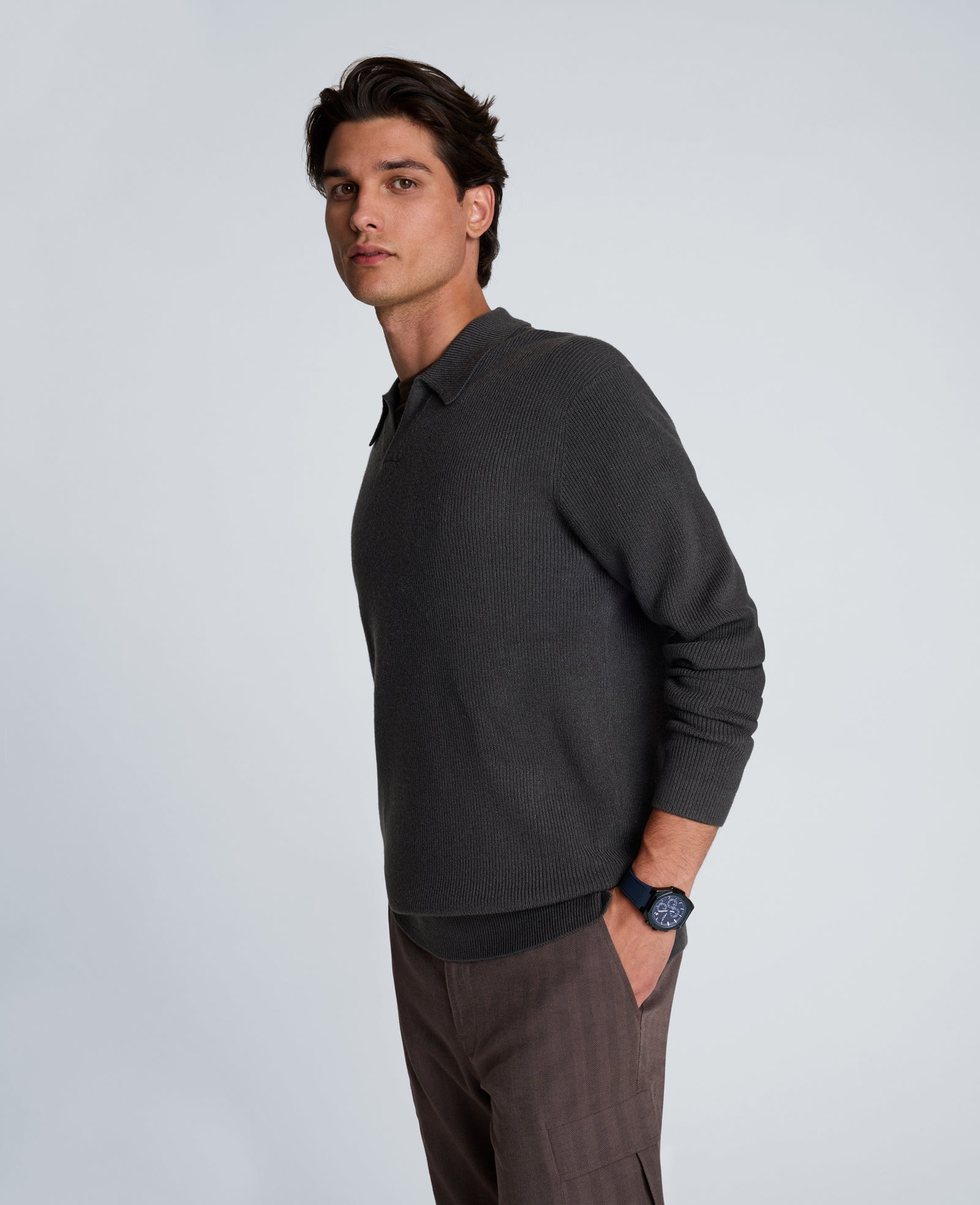 Kenneth Cole Reaction Long Sleeve Johnny Collar Polo polo manica lunga grigio carbone S-XXL