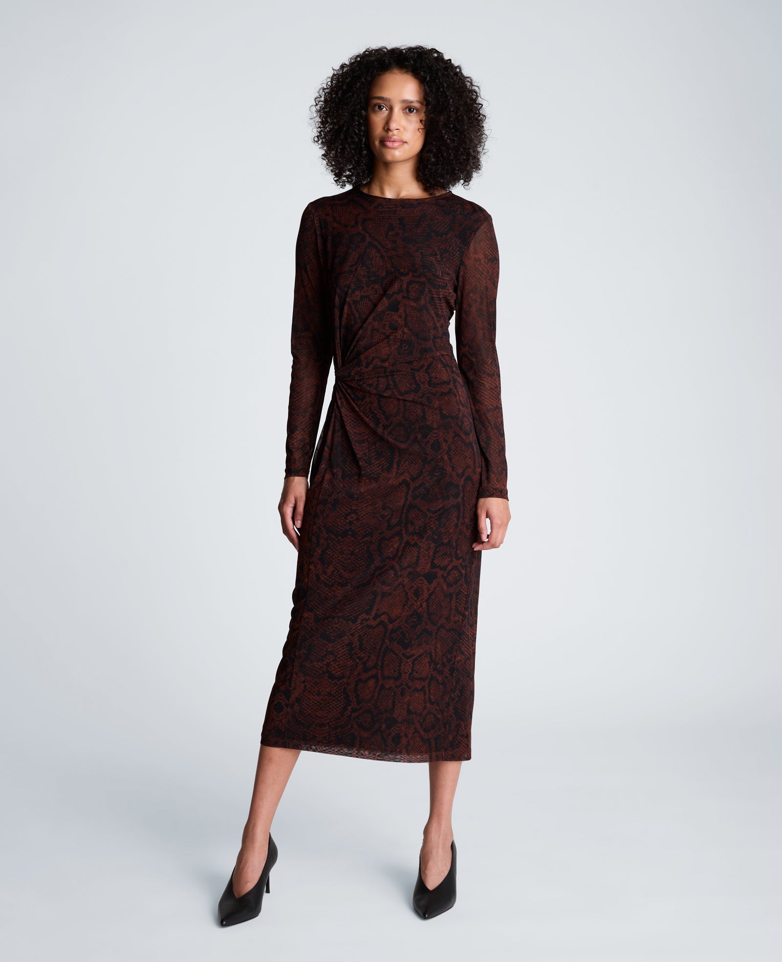 Kenneth Cole Reaction Clothing Knot Long Sleeve Midi Dress abito midi marrone stampa serpente