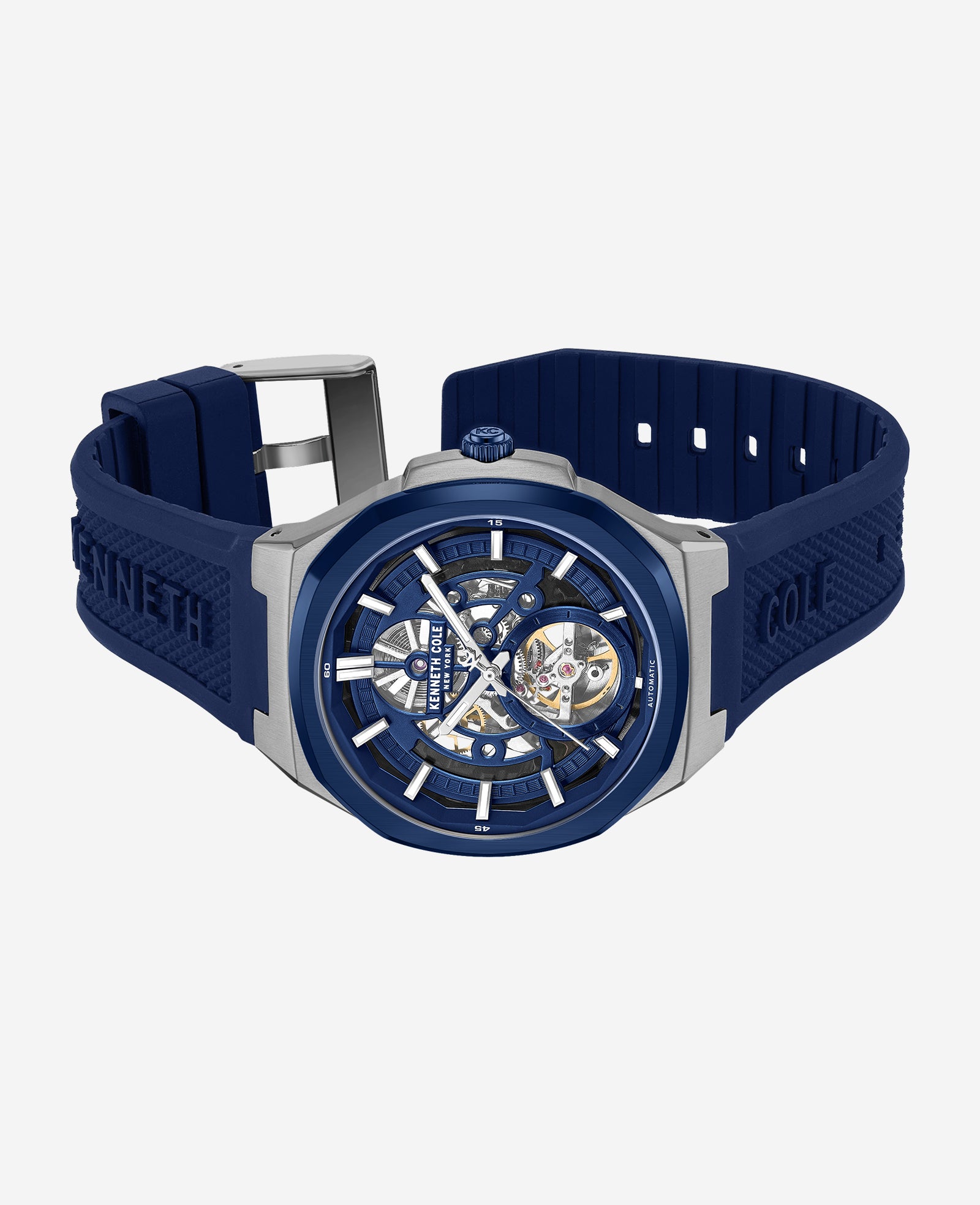 Kenneth Cole Reaction Watches Skeleton Automatic Silicone Strap Watch Orologio Uomo Blu 5 ATM