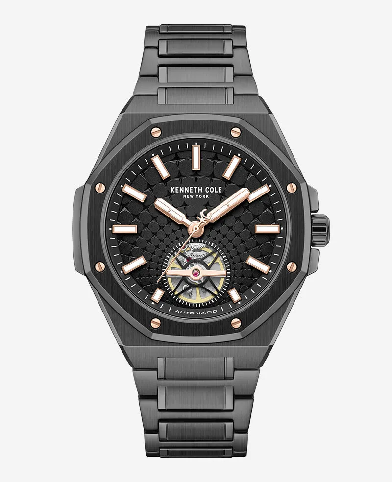 Kenneth Cole Reaction Watches Skeleton Automatic Black Rose Gold Stainless Steel Bracelet Watch orologio automatico nero