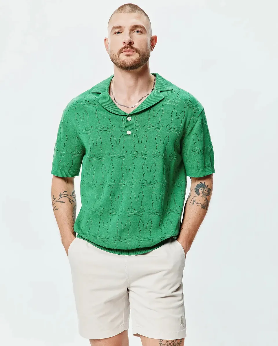 Psycho Bunny Men's Polos Harold Pointelle All Over Bunny polo in maglia verde
