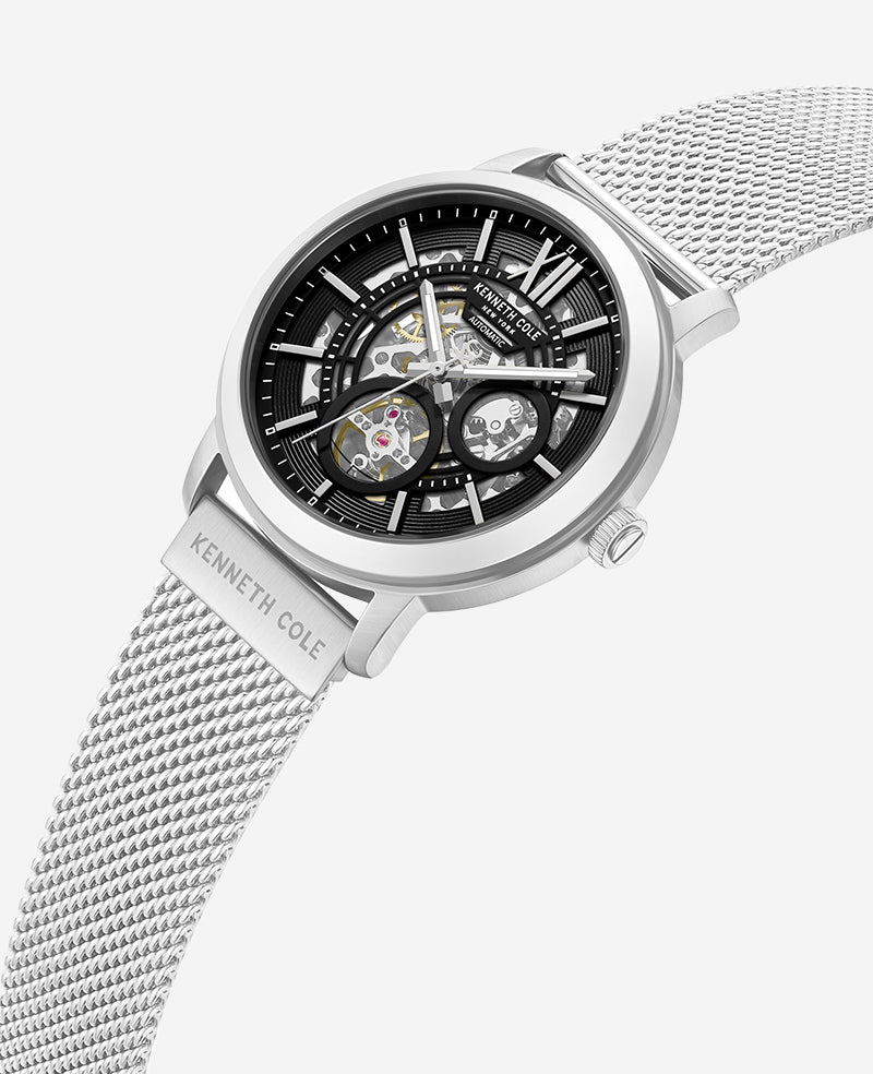 Kenneth Cole Reaction Watches Skeleton Automatic Black Dial orologio Silver