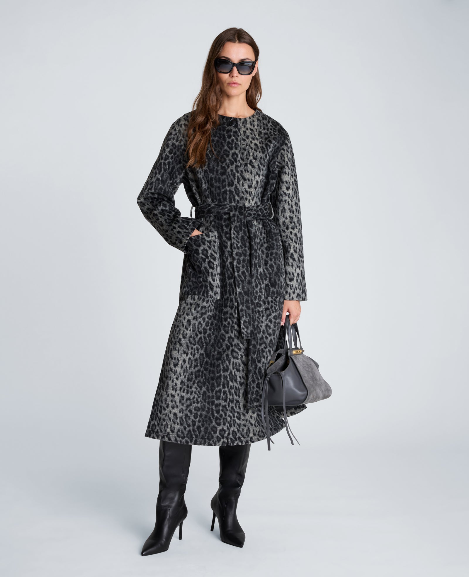 Kenneth Cole Reaction Clothing Jewel Neck Long Wool Wrap Coat cappotto nero leopardato