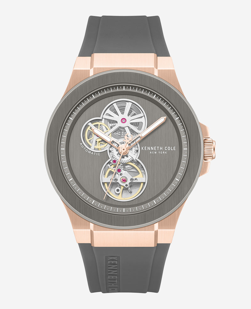Kenneth Cole Reaction Watches Skeleton Automatic Rose Gold Silicone Strap Watch oro rosa