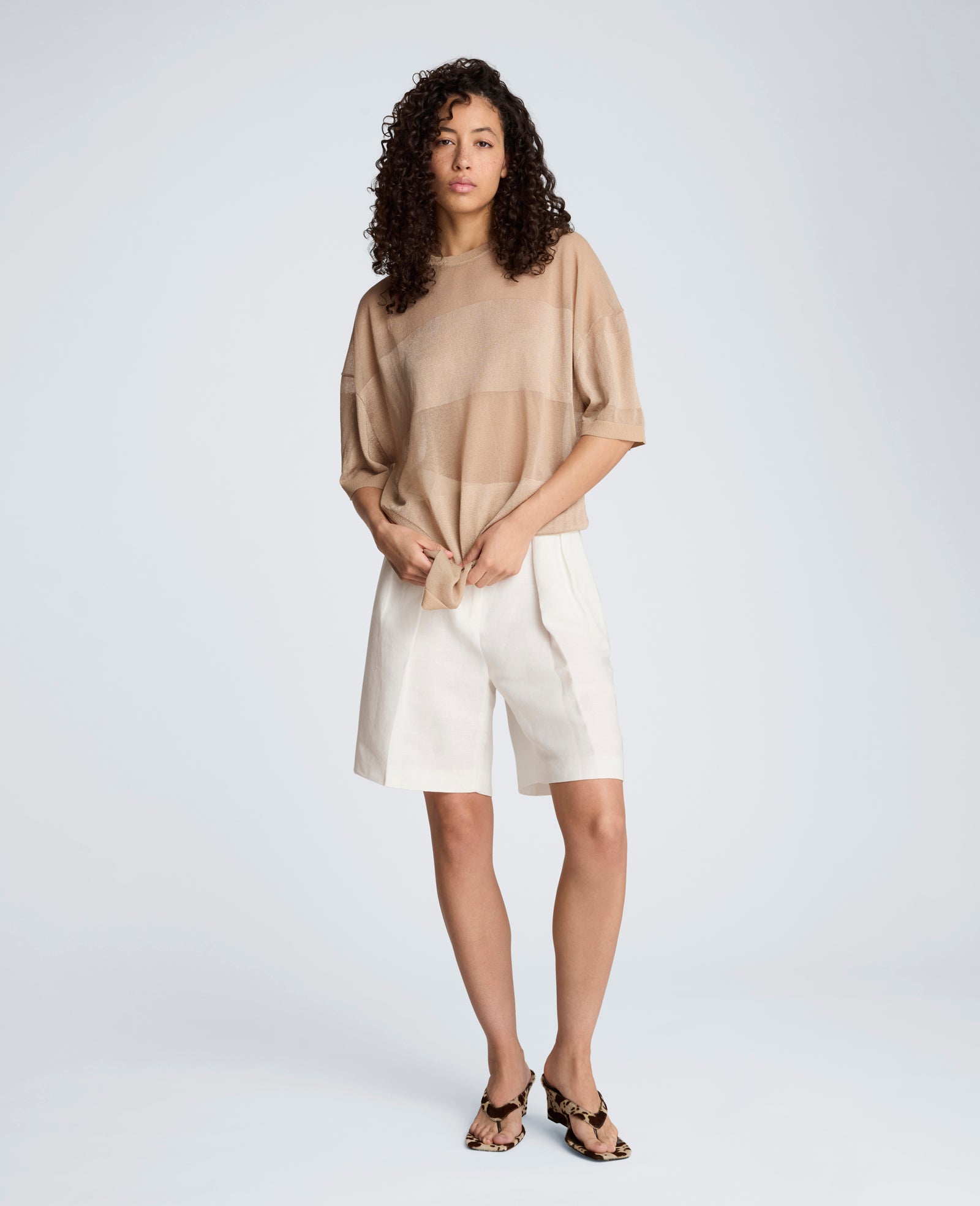 Kenneth Cole Reaction Clothing Shiny Semi Sheer Stripe maglia girocollo taupe