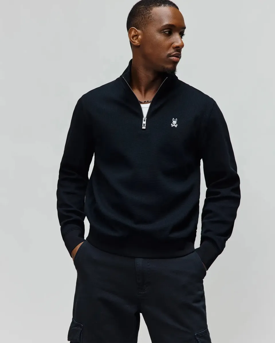 Psycho Bunny Men's Sweatshirts & Hoodies Maxton Waffle 1/4 Zip MT0500253 felpa nera waffle