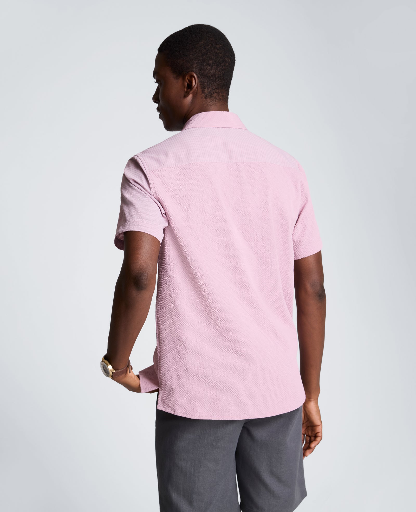 Kenneth Cole Reaction Clothing Slim Fit Short-Sleeve Mixed-Media Sport Shirt camicia rosa