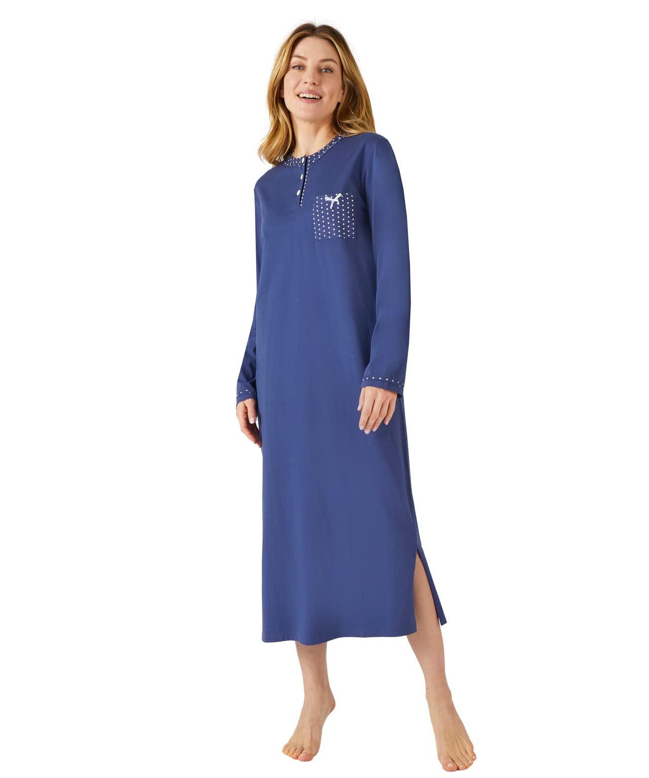 Damart Homewear camicia da notte donna jersey maniche lunghe blu