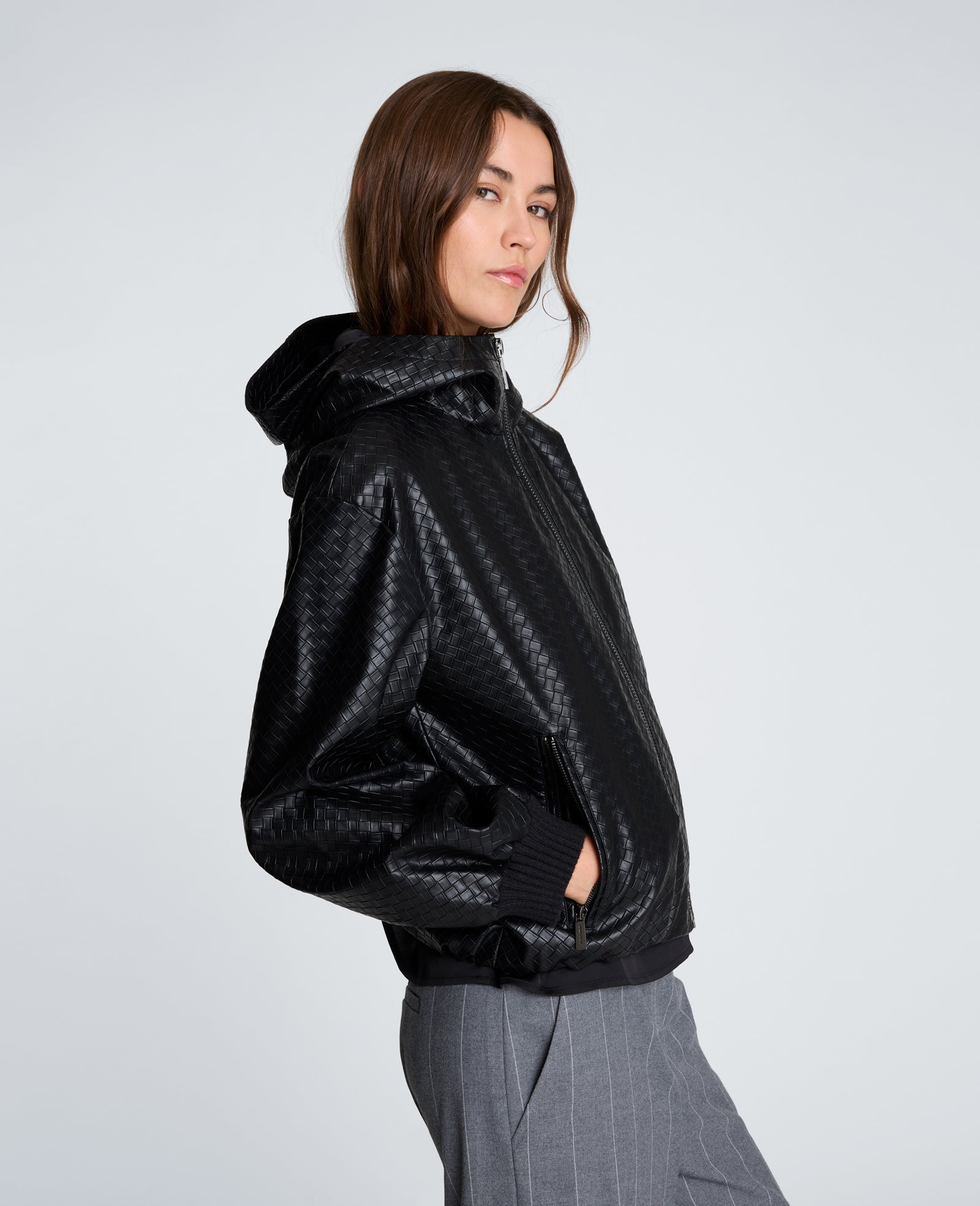 Kenneth Cole Reaction Clothing Hooded Basketweave Vegan Leather Blouson Jacket giacca nera