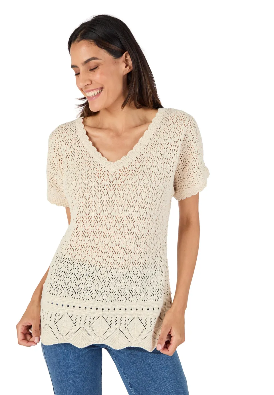 Damart Prêt-à-porter Maglione a maglia a punta da donna marrone ecru 38-40 in cotone