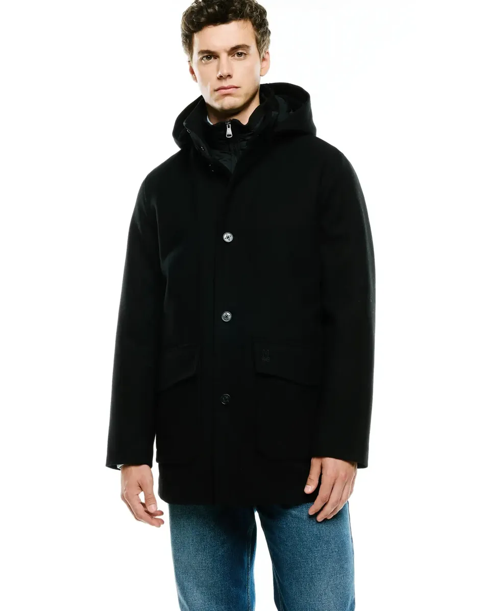 Psycho Bunny Jackets MEN'S LUTHER WOOL COAT MO1100100 cappotto nero XXS-XXXL lana