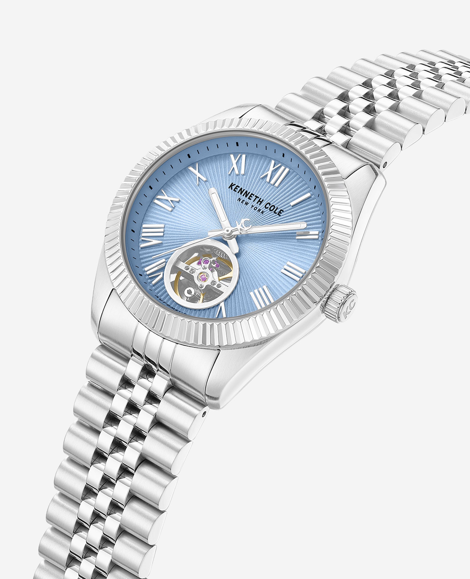 Kenneth Cole Reaction Watches Open Heart Automatic Bracelet Watch orologio automatico argento quadrante azzurro