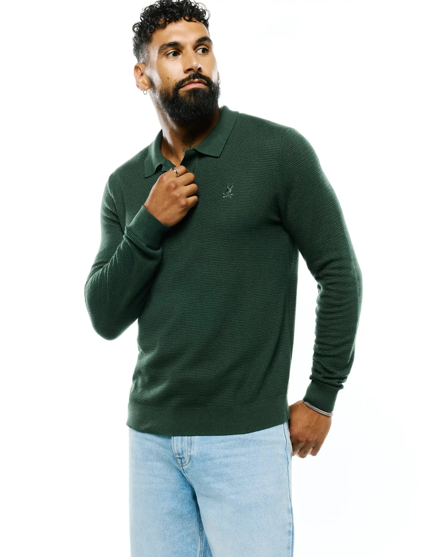 Psycho Bunny Men's Polos Leroy Long Sleeve Knit Polo MT0100321 polo verde 327 Pineneedle