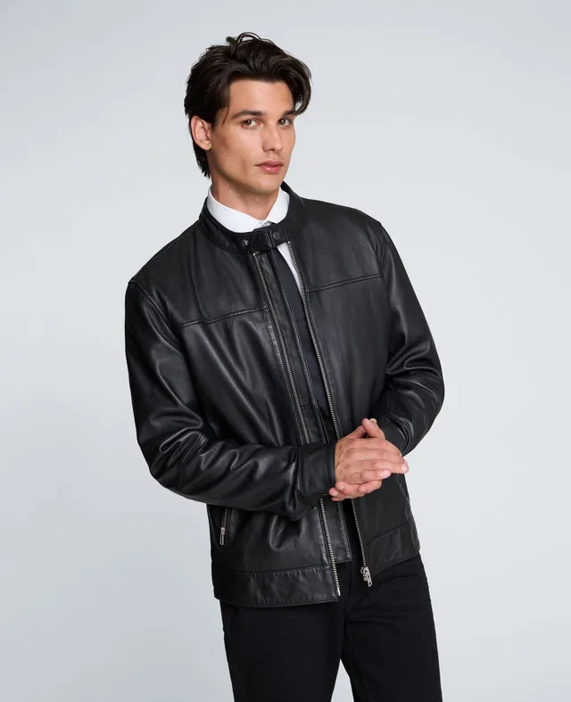 Kenneth Cole Reaction Clothing Stand Collar Leather Moto Jacket giacca in pelle nera