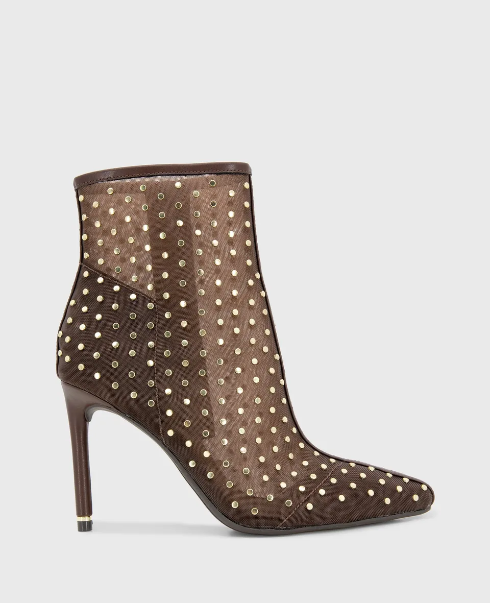 Kenneth Cole Reaction Shoes Quincy Mesh Micro Stud Heel Ankle Bootie stivaletti marroni