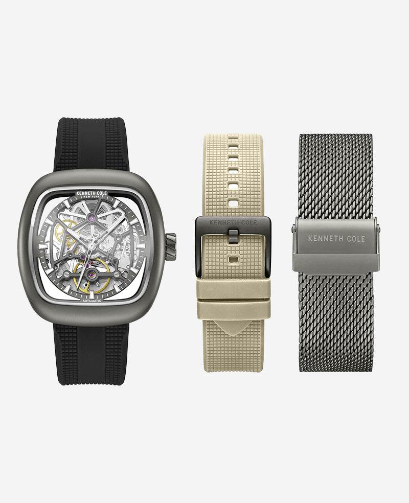 Kenneth Cole Reaction Watches Skeleton Automatic Bracelet Watch with 3-Strap Set orologio gunmetal