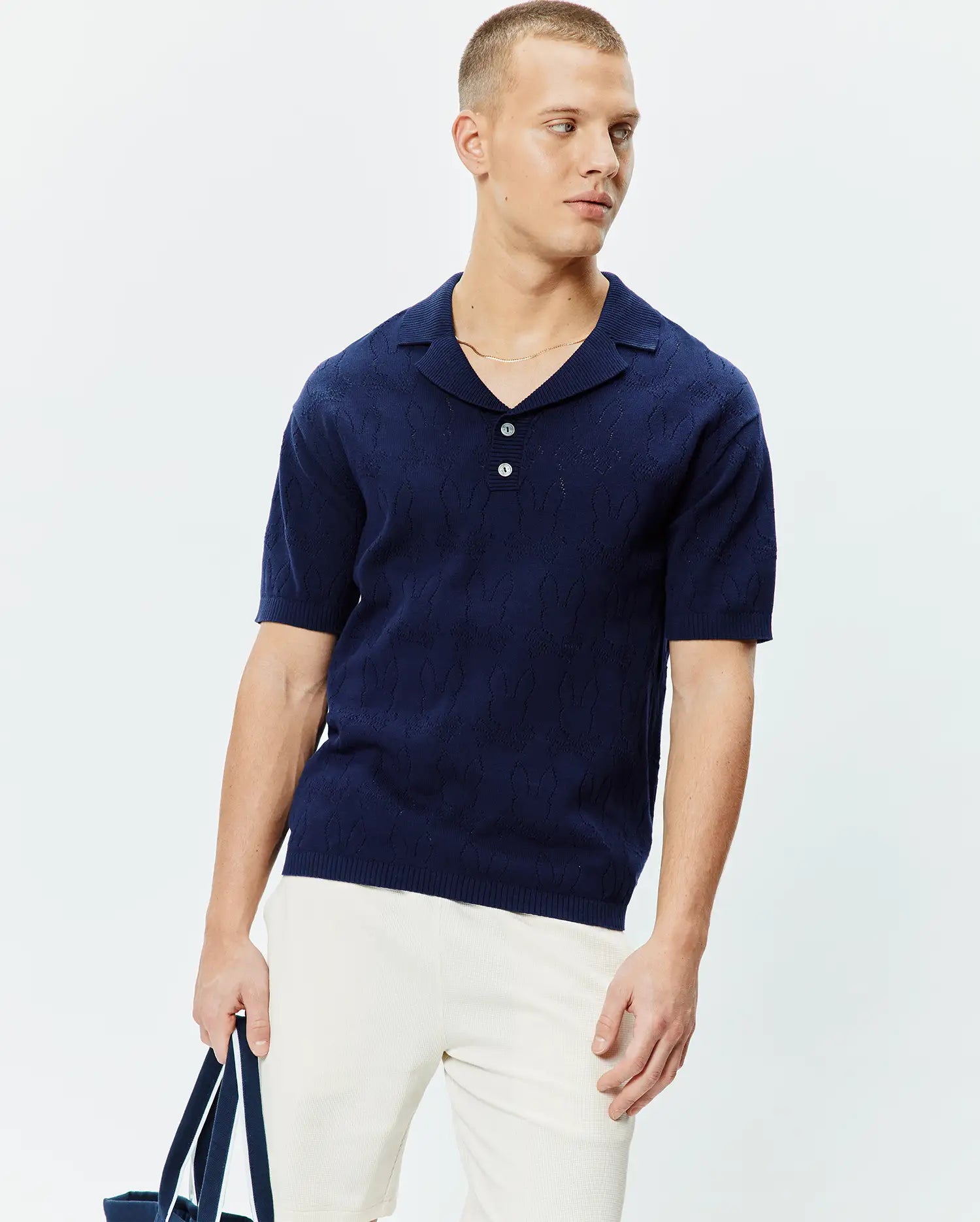 Psycho Bunny Men's Polos Harold Pointelle All Over Bunny Knit Polo blu
