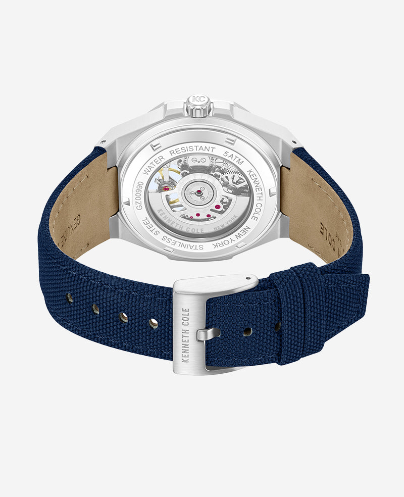 Kenneth Cole Reaction Watches Skeleton Automatic Blue Dial Nylon Strap Watch orologio argento