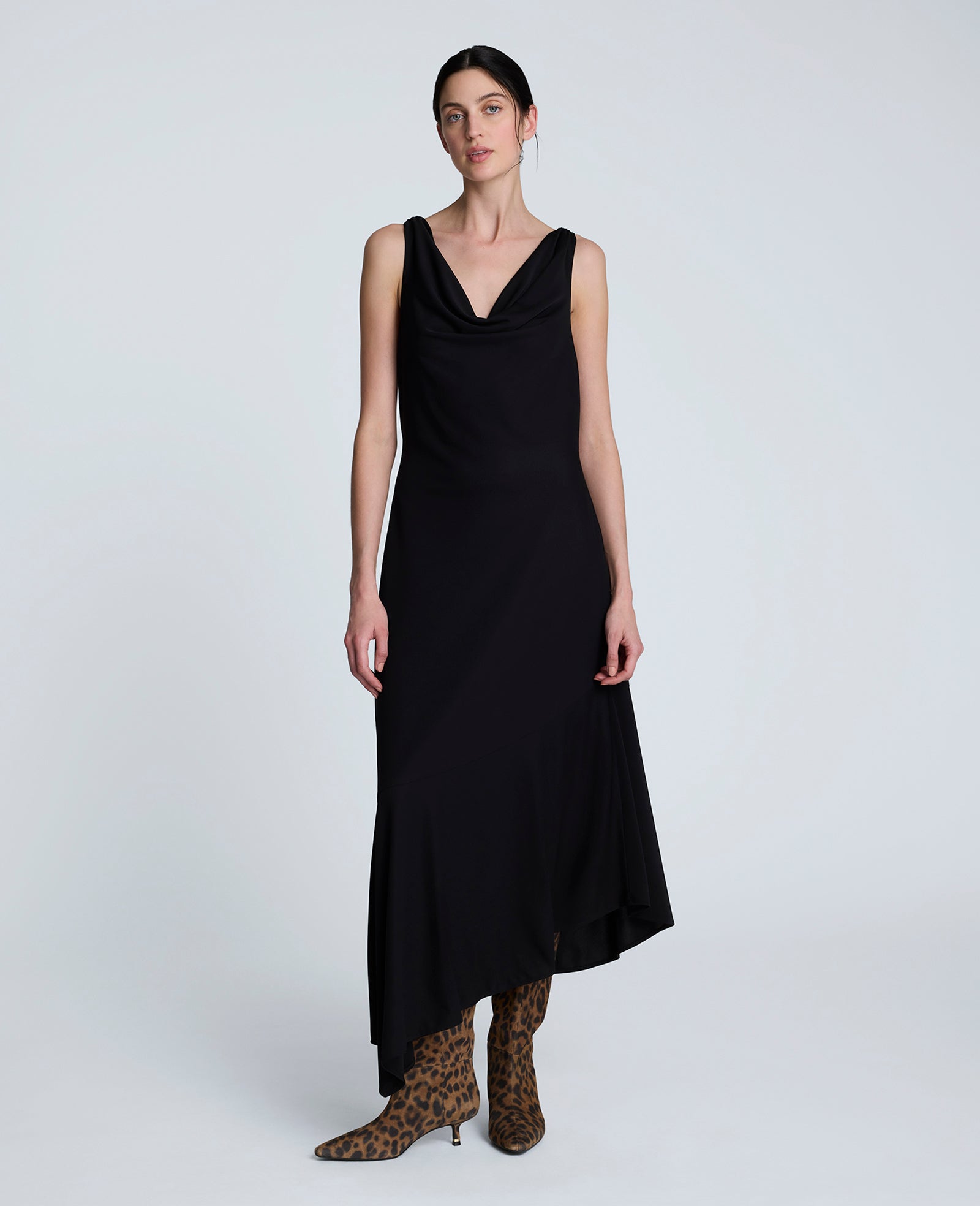 Kenneth Cole Reaction Clothing Asymmetrical Hem Cowl Neck Dress abito nero lungo