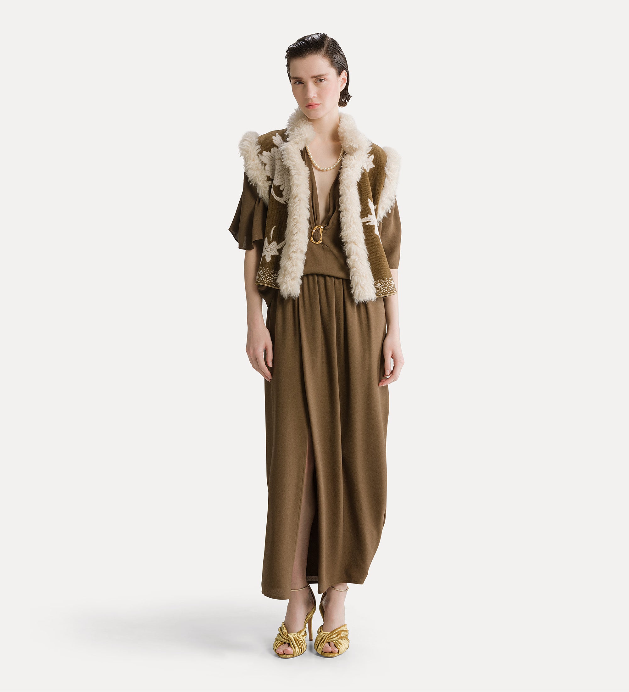 Forte Maglieria The Lotus gilet jacquard cumino con bordo in ecopelliccia