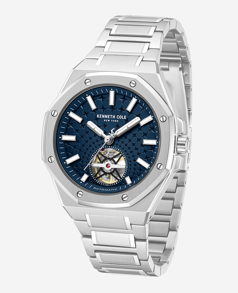 Kenneth Cole Reaction Watches Skeleton Automatic Blue Dial Stainless Steel Bracelet Watch argento