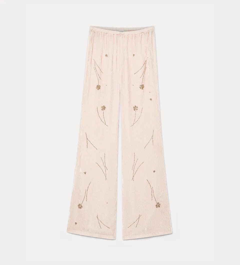 Forte pantaloni Fleurs d'Orient pantaloni loto velluto ricamato