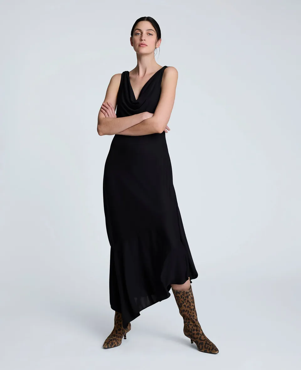 Kenneth Cole Reaction Clothing Asymmetrical Hem Cowl Neck Dress abito nero lungo