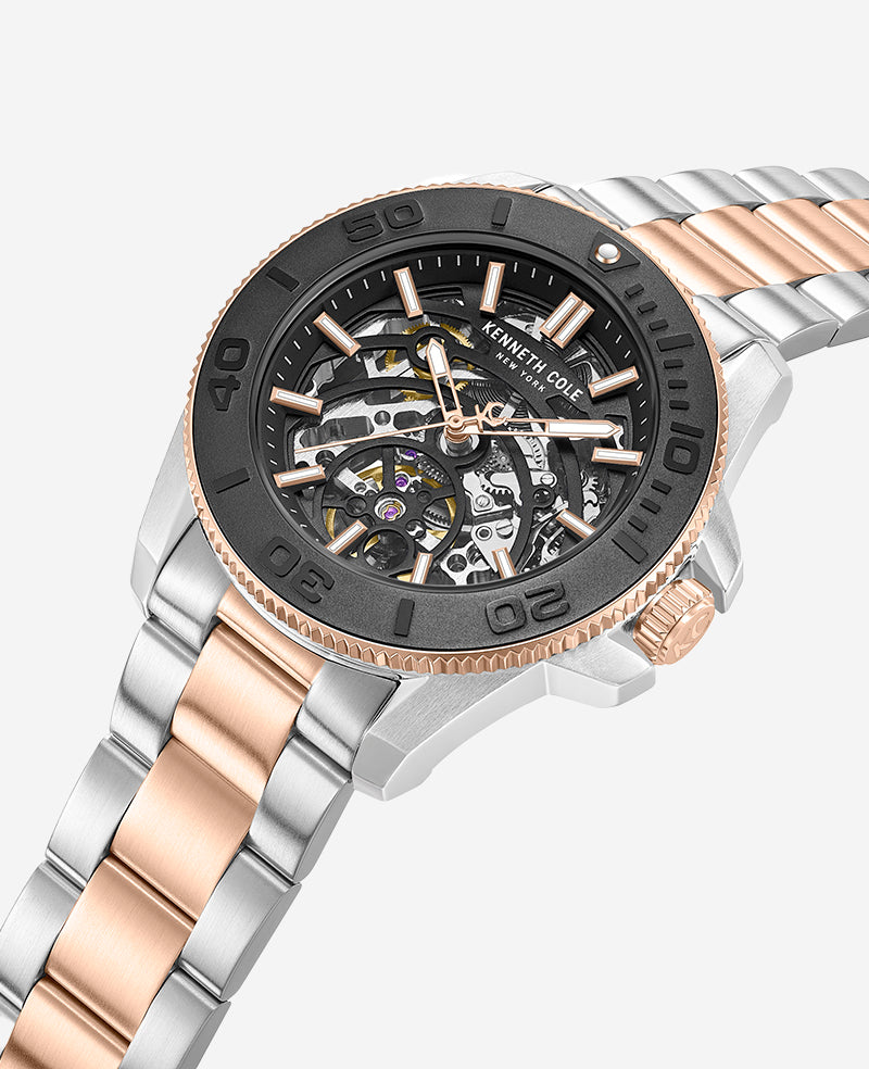 Kenneth Cole Reaction Watches Skeleton Automatic Black Contrast Dial Two Tone Bracelet Watch orologio automatico uomo bicolore