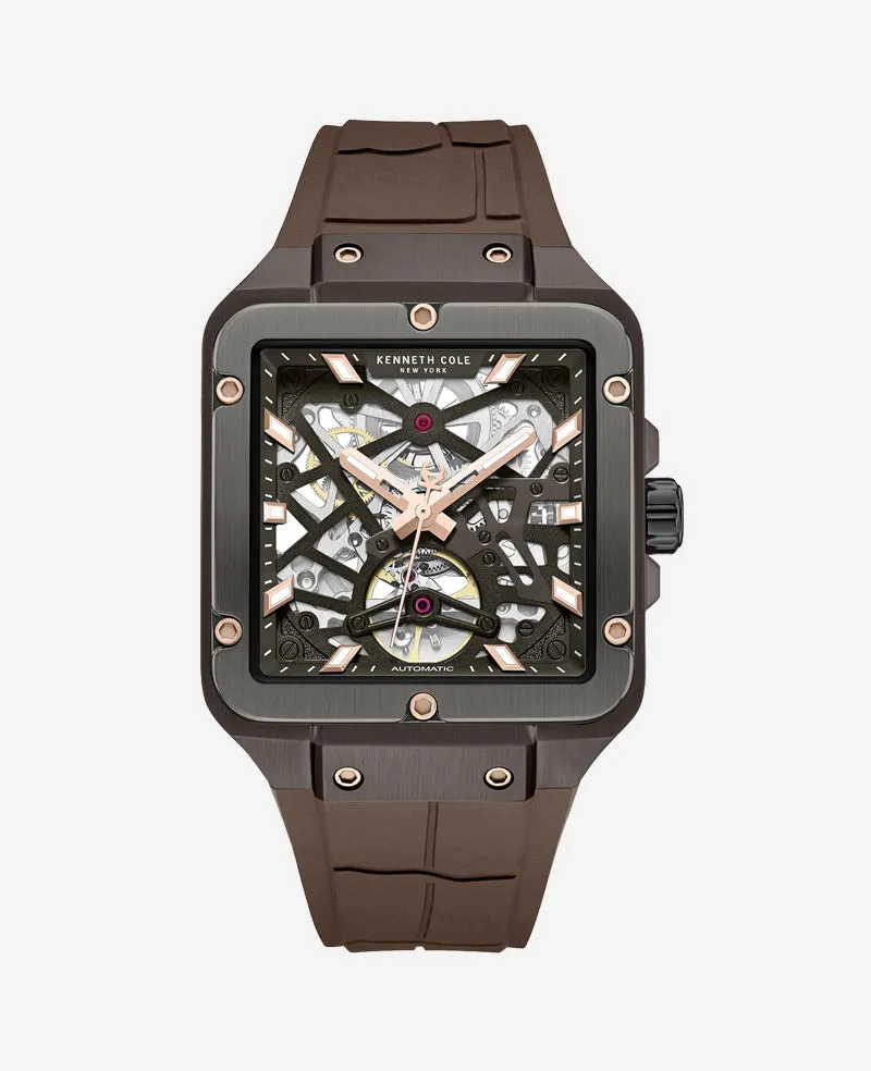 Kenneth Cole Reaction Watches Skeleton Automatic Silicone Watch orologio automatico marrone