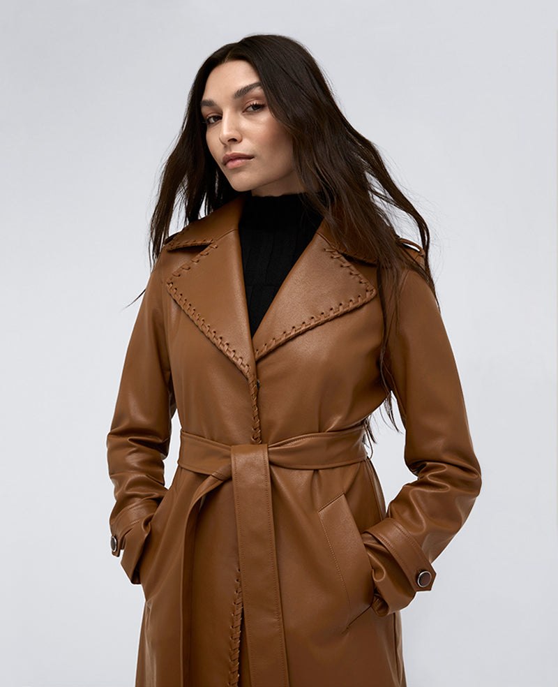 Kenneth Cole Reaction Clothing Faux Leather Belted trench in ecopelle cognac